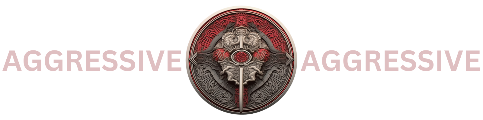 A silver and red medallion with weapons