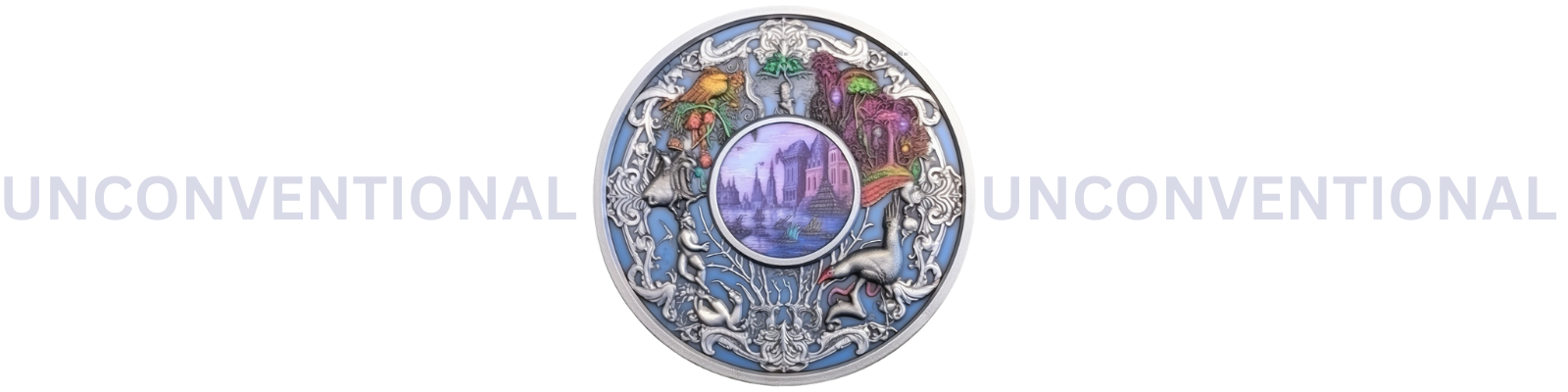 Silver medallion with abstract and surrealist scenery
