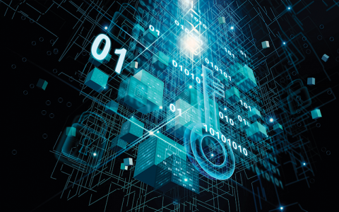 Digital image with blocks and numbers in cyberspace